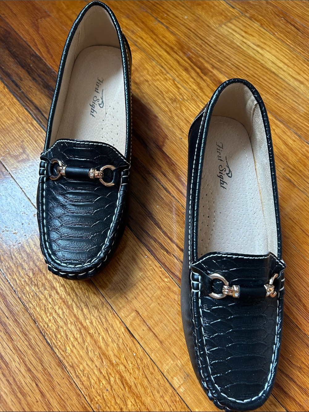 Women's Black Loafers with Gold Bit Accent